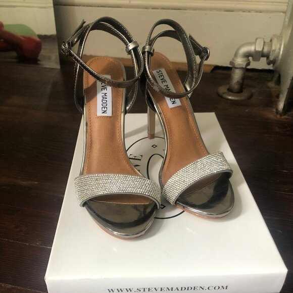 Steve Madden Shoes - Steve Madden "Ritter" Pewter and Rhinestone Stiletto Sandals, Size 6.5, NWB